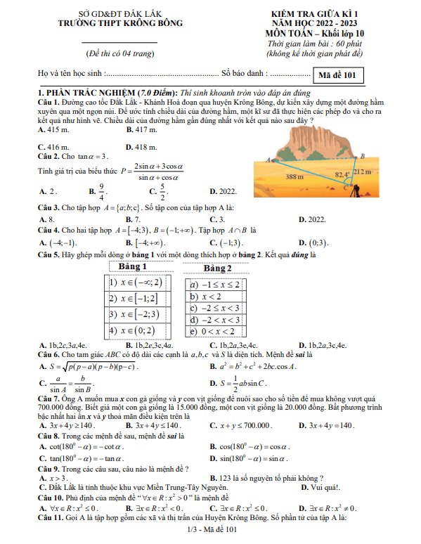Đề thi giữa học kì 1 (HK1) lớp 10 môn Toán năm 2022 2023 trường THPT Krông Bông Đắk Lắk