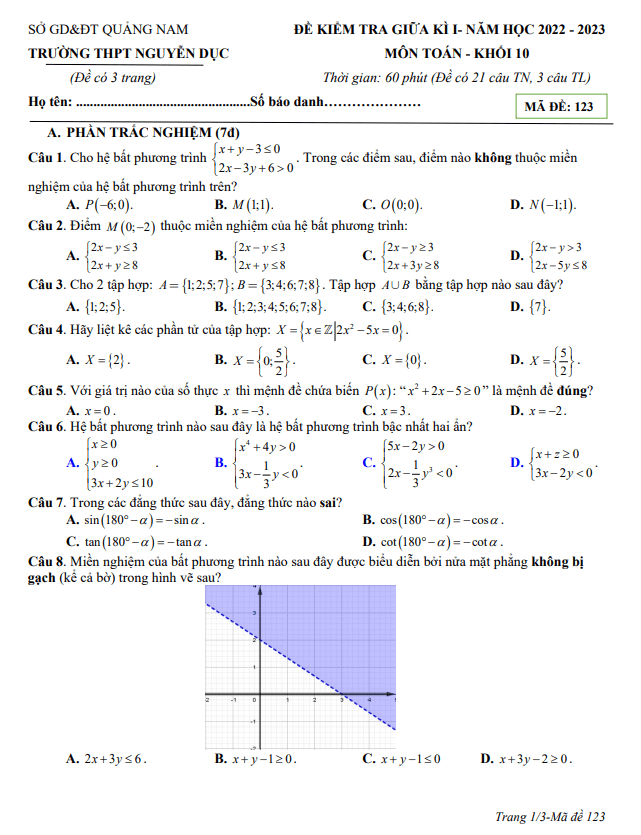 Đề thi giữa học kì 1 (HK1) lớp 10 môn Toán năm 2022 2023 trường THPT Nguyễn Dục Quảng Nam