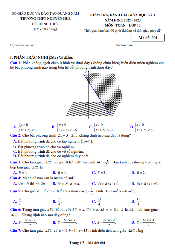 Đề thi giữa học kì 1 (HK1) lớp 10 môn Toán năm 2022 2023 trường THPT Nguyễn Huệ Quảng Nam