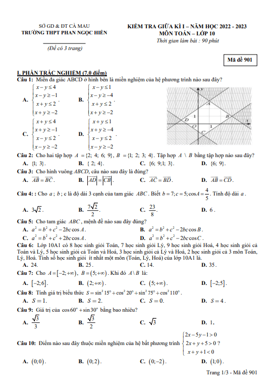 Đề thi giữa học kì 1 (HK1) lớp 10 môn Toán năm 2022 2023 trường THPT Phan Ngọc Hiển Cà Mau