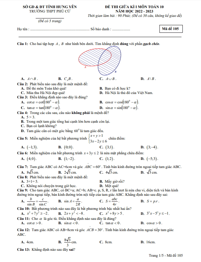 Đề thi giữa học kì 1 (HK1) lớp 10 môn Toán năm 2022 2023 trường THPT Phù Cừ Hưng Yên