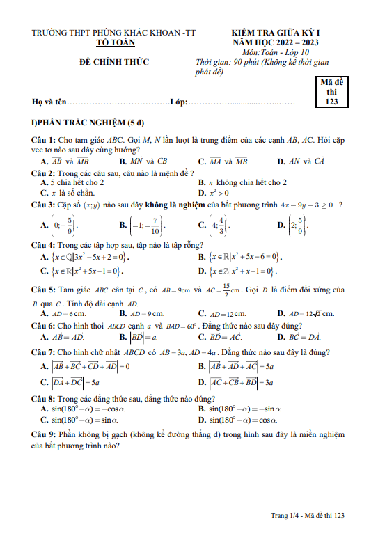 Đề thi giữa học kì 1 (HK1) lớp 10 môn Toán năm 2022 2023 trường THPT Phùng Khắc Khoan Hà Nội