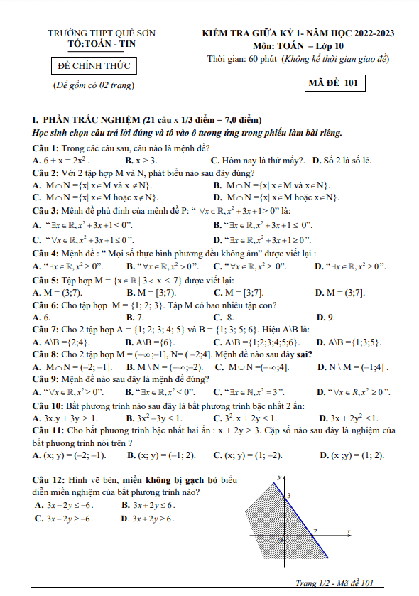 Đề thi giữa học kì 1 (HK1) lớp 10 môn Toán năm 2022 2023 trường THPT Quế Sơn Quảng Nam