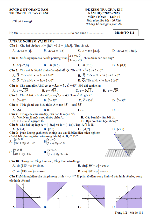 Đề thi giữa học kì 1 (HK1) lớp 10 môn Toán năm 2022 2023 trường THPT Tây Giang Quảng Nam