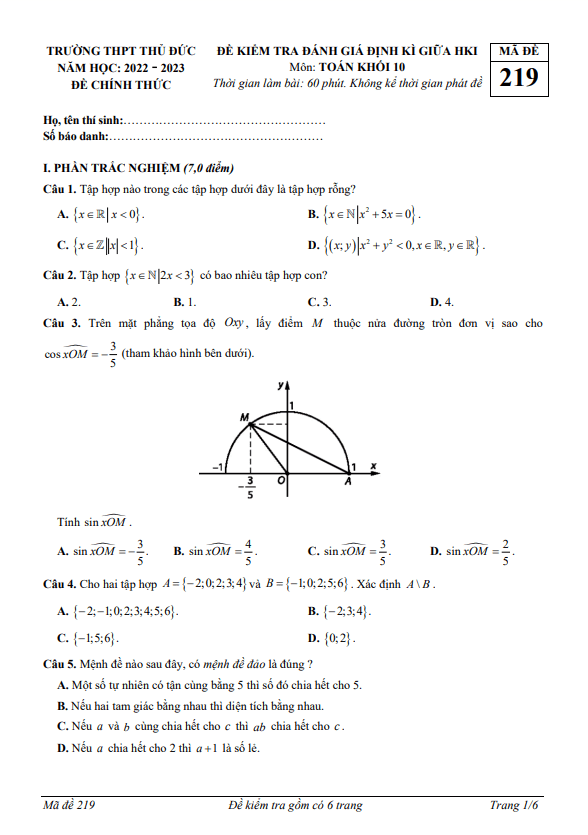 Đề thi giữa học kì 1 (HK1) lớp 10 môn Toán năm 2022 2023 trường THPT Thủ Đức TP HCM