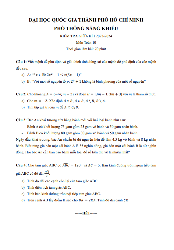 Đề thi giữa học kì 1 (HK1) lớp 10 môn Toán năm 2023 2024 trường Phổ thông Năng khiếu TP HCM