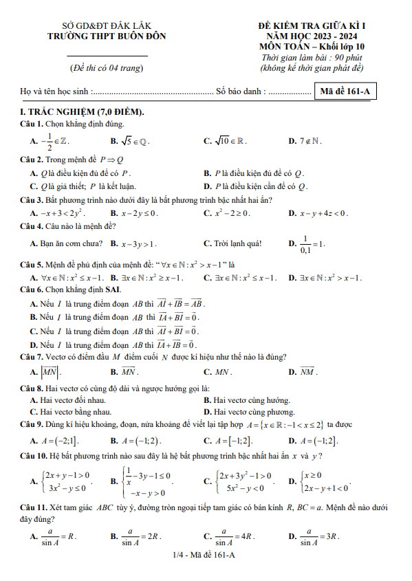 Đề thi giữa học kì 1 (HK1) lớp 10 môn Toán năm 2023 2024 trường THPT Buôn Đôn Đắk Lắk