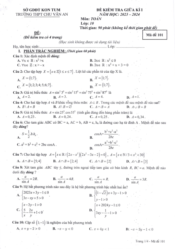 Đề thi giữa học kì 1 (HK1) lớp 10 môn Toán năm 2023 2024 trường THPT Chu Văn An Kon Tum