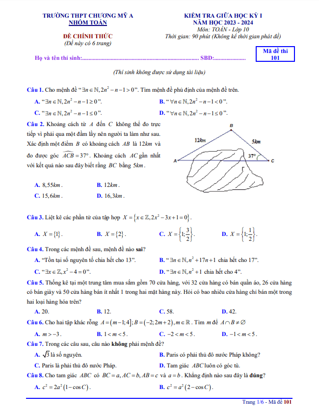 Đề thi giữa học kì 1 (HK1) lớp 10 môn Toán năm 2023 2024 trường THPT Chương Mỹ A Hà Nội