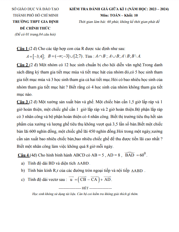 Đề thi giữa học kì 1 (HK1) lớp 10 môn Toán năm 2023 2024 trường THPT Gia Định TP HCM