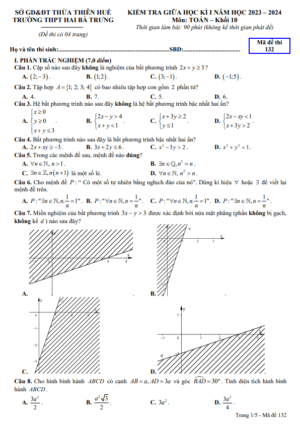 Đề thi giữa học kì 1 (HK1) lớp 10 môn Toán năm 2023 2024 trường THPT Hai Bà Trưng TT Huế
