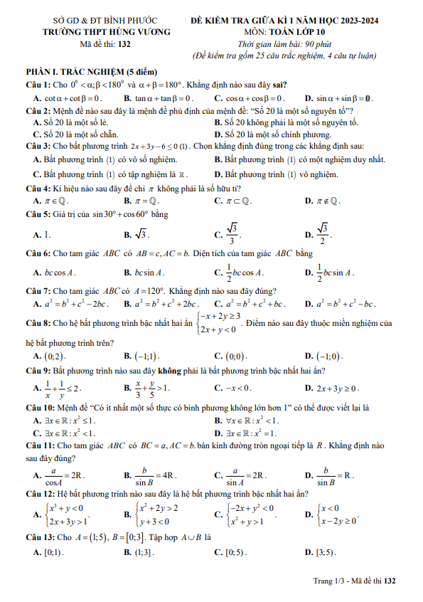 Đề thi giữa học kì 1 (HK1) lớp 10 môn Toán năm 2023 2024 trường THPT Hùng Vương Bình Phước