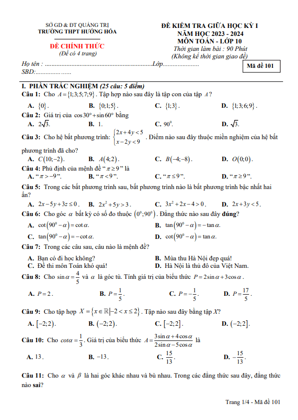 Đề thi giữa học kì 1 (HK1) lớp 10 môn Toán năm 2023 2024 trường THPT Hướng Hóa Quảng Trị