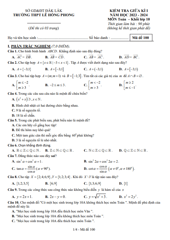 Đề thi giữa học kì 1 (HK1) lớp 10 môn Toán năm 2023 2024 trường THPT Lê Hồng Phong Đắk Lắk