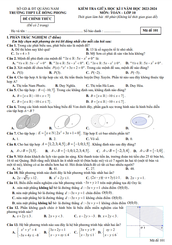 Đề thi giữa học kì 1 (HK1) lớp 10 môn Toán năm 2023 2024 trường THPT Lê Hồng Phong Quảng Nam