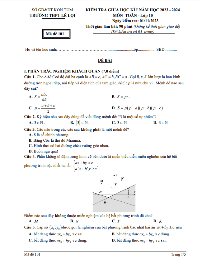 Đề thi giữa học kì 1 (HK1) lớp 10 môn Toán năm 2023 2024 trường THPT Lê Lợi Kon Tum