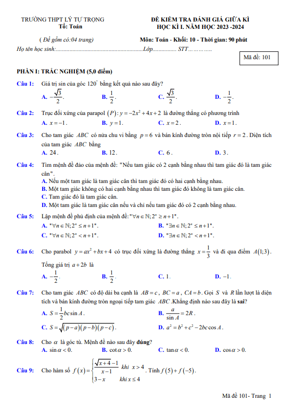 Đề thi giữa học kì 1 (HK1) lớp 10 môn Toán năm 2023 2024 trường THPT Lý Tự Trọng Khánh Hòa