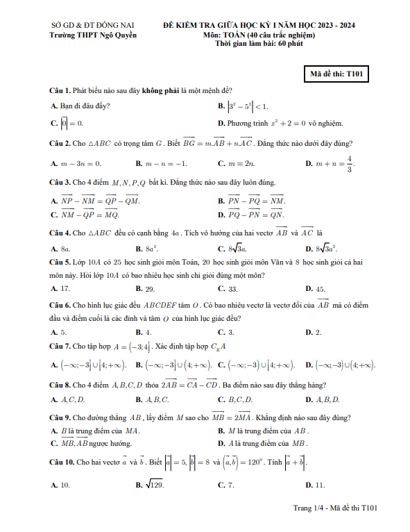Đề thi giữa học kì 1 (HK1) lớp 10 môn Toán năm 2023 2024 trường THPT Ngô Quyền Đồng Nai