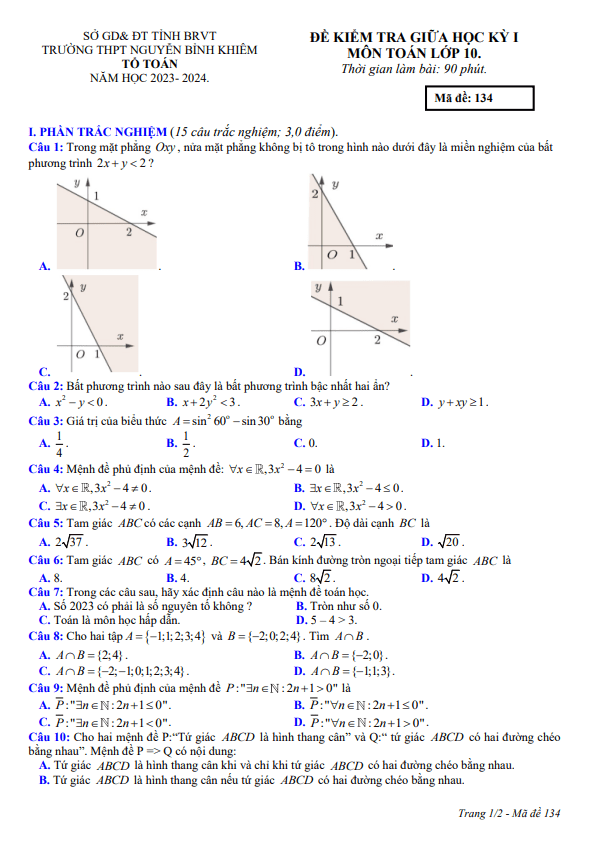 Đề thi giữa học kì 1 (HK1) lớp 10 môn Toán năm 2023 2024 trường THPT Nguyễn Bỉnh Khiêm BR VT