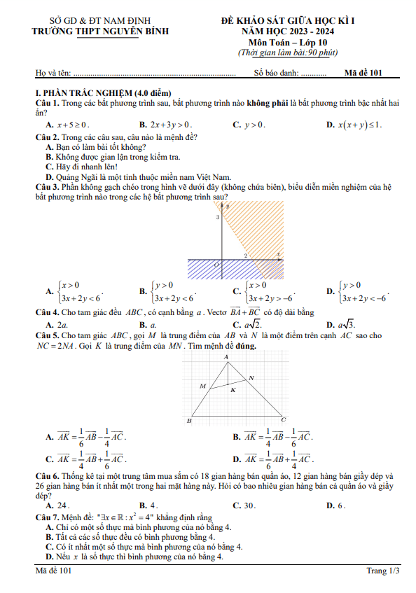 Đề thi giữa học kì 1 (HK1) lớp 10 môn Toán năm 2023 2024 trường THPT Nguyễn Bính Nam Định
