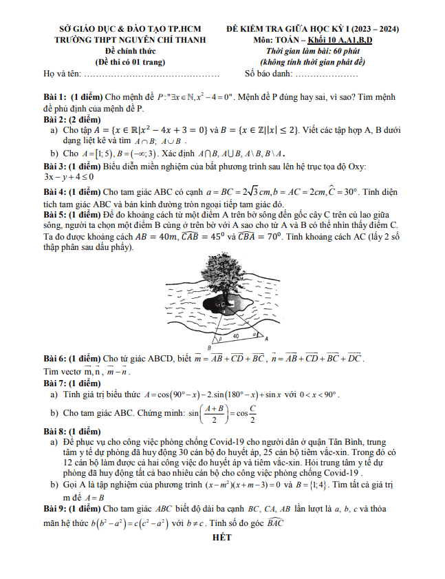 Đề thi giữa học kì 1 (HK1) lớp 10 môn Toán năm 2023 2024 trường THPT Nguyễn Chí Thanh TP HCM