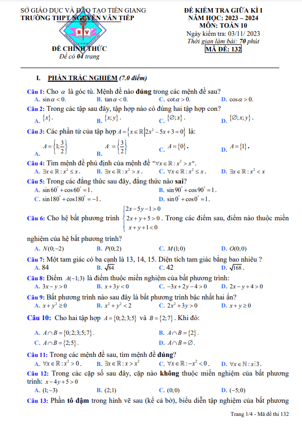 Đề thi giữa học kì 1 (HK1) lớp 10 môn Toán năm 2023 2024 trường THPT Nguyễn Văn Tiếp Tiền Giang