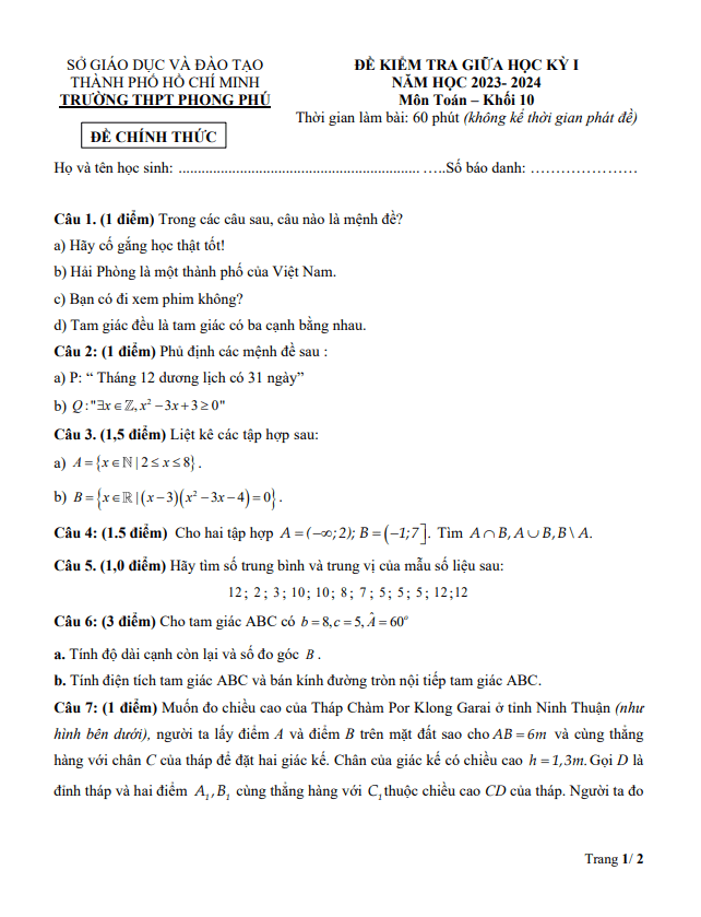 Đề thi giữa học kì 1 (HK1) lớp 10 môn Toán năm 2023 2024 trường THPT Phong Phú TP HCM