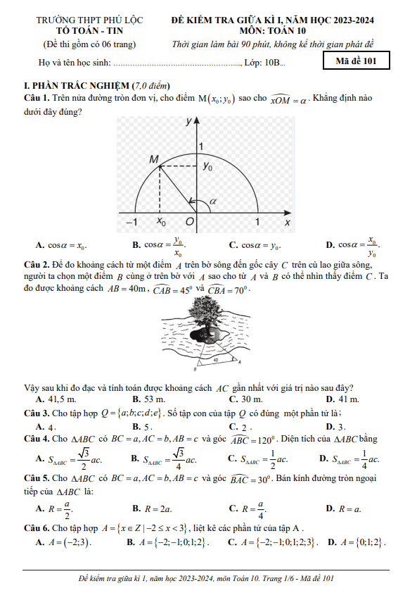 Đề thi giữa học kì 1 (HK1) lớp 10 môn Toán năm 2023 2024 trường THPT Phú Lộc TT Huế