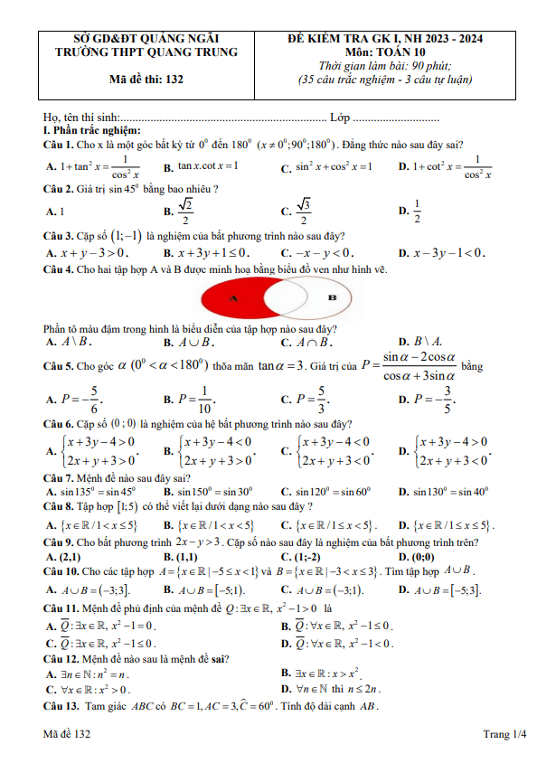 Đề thi giữa học kì 1 (HK1) lớp 10 môn Toán năm 2023 2024 trường THPT Quang Trung Quảng Ngãi