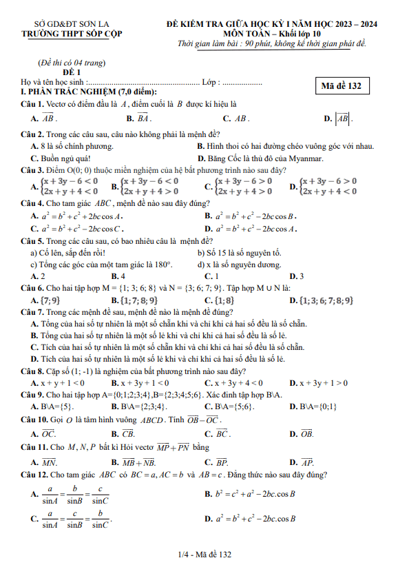 Đề thi giữa học kì 1 (HK1) lớp 10 môn Toán năm 2023 2024 trường THPT Sốp Cộp Sơn La