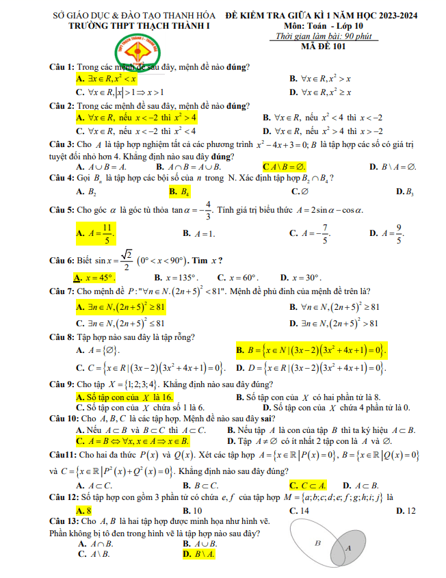 Đề thi giữa học kì 1 (HK1) lớp 10 môn Toán năm 2023 2024 trường THPT Thạch Thành 1 Thanh Hóa