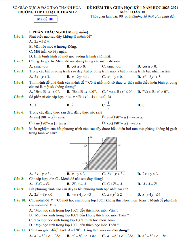 Đề thi giữa học kì 1 (HK1) lớp 10 môn Toán năm 2023 2024 trường THPT Thạch Thành 2 Thanh Hóa