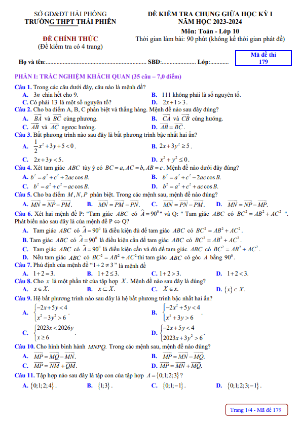 Đề thi giữa học kì 1 (HK1) lớp 10 môn Toán năm 2023 2024 trường THPT Thái Phiên Hải Phòng