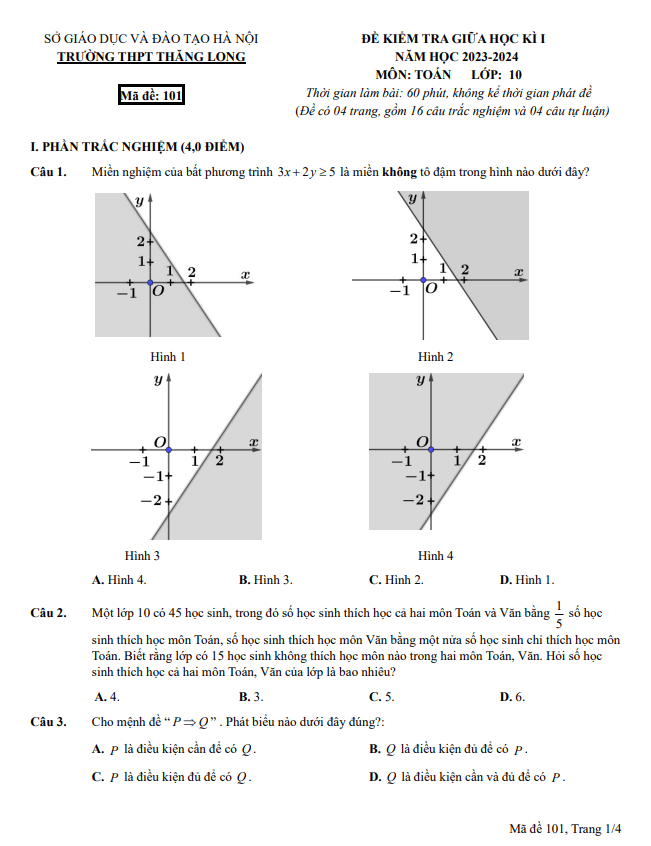 Đề thi giữa học kì 1 (HK1) lớp 10 môn Toán năm 2023 2024 trường THPT Thăng Long Hà Nội