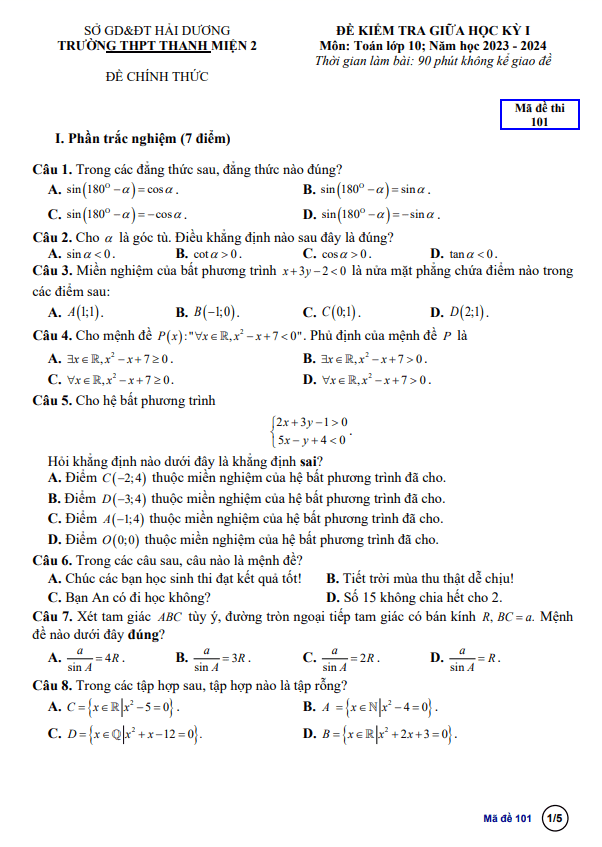 Đề thi giữa học kì 1 (HK1) lớp 10 môn Toán năm 2023 2024 trường THPT Thanh Miện 2 Hải Dương