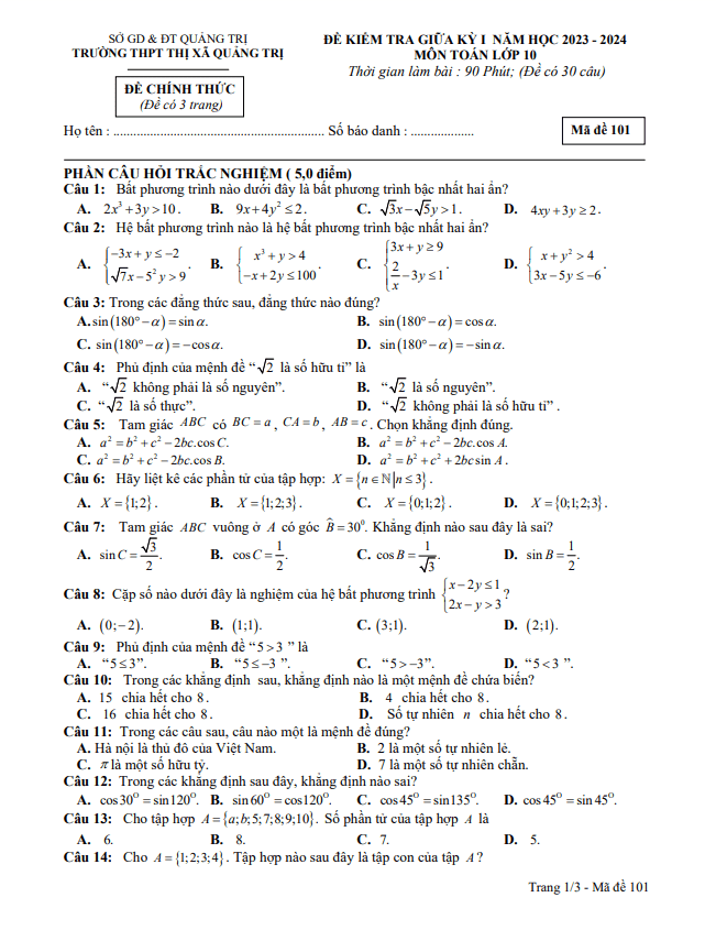 Đề thi giữa học kì 1 (HK1) lớp 10 môn Toán năm 2023 2024 trường THPT Thị xã Quảng Trị