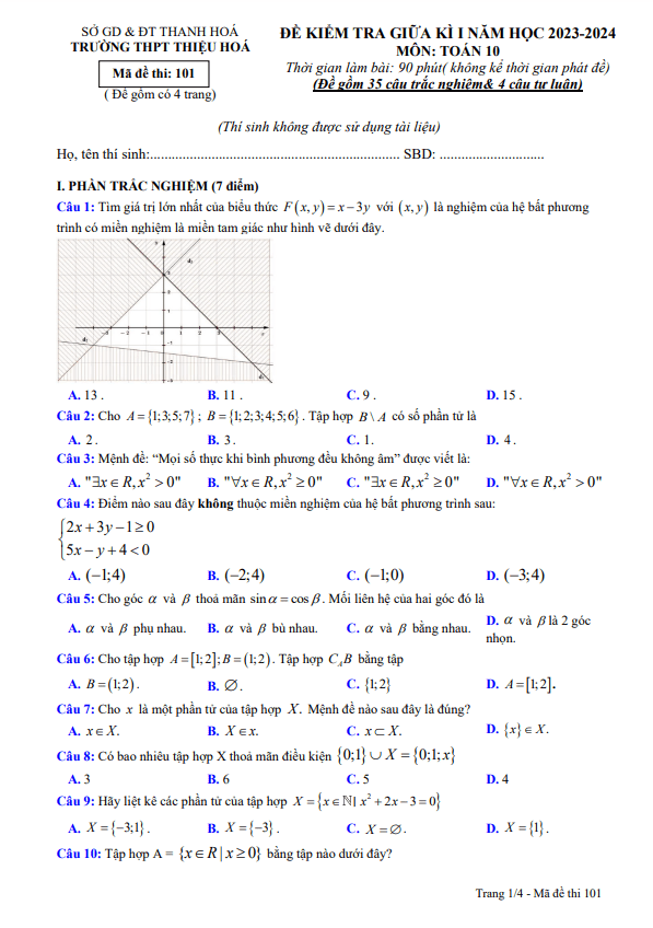 Đề thi giữa học kì 1 (HK1) lớp 10 môn Toán năm 2023 2024 trường THPT Thiệu Hóa Thanh Hóa