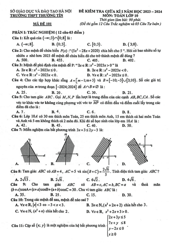 Đề thi giữa học kì 1 (HK1) lớp 10 môn Toán năm 2023 2024 trường THPT Thường Tín Hà Nội
