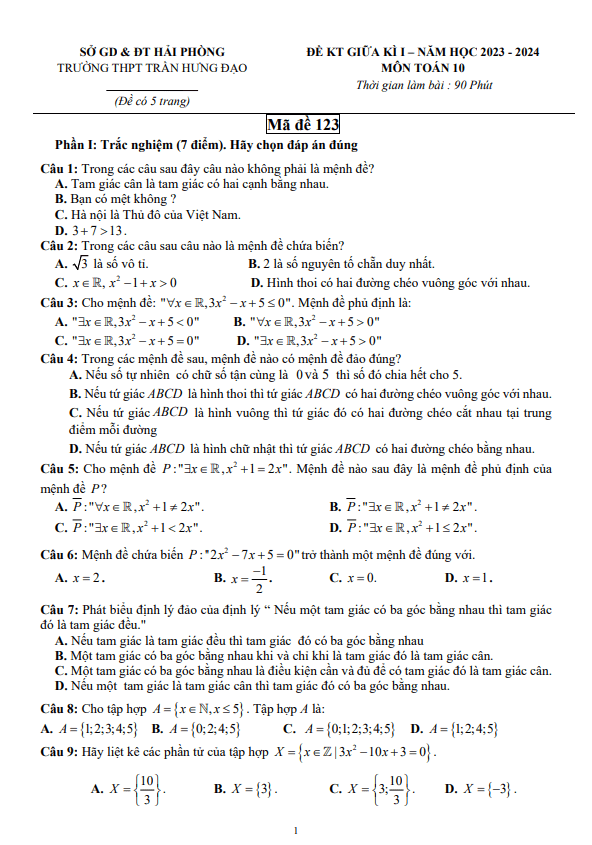 Đề thi giữa học kì 1 (HK1) lớp 10 môn Toán năm 2023 2024 trường THPT Trần Hưng Đạo Hải Phòng