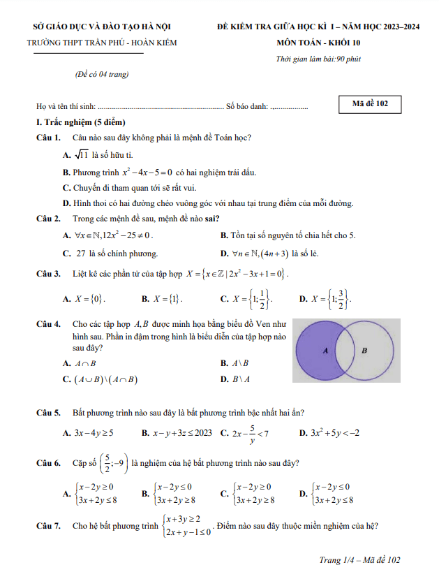 Đề thi giữa học kì 1 (HK1) lớp 10 môn Toán năm 2023 2024 trường THPT Trần Phú Hà Nội