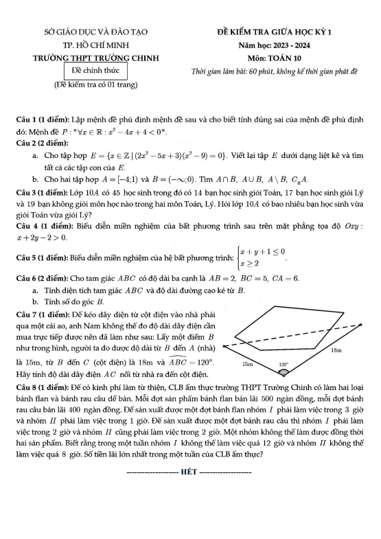 Đề thi giữa học kì 1 (HK1) lớp 10 môn Toán năm 2023 2024 trường THPT Trường Chinh TP HCM