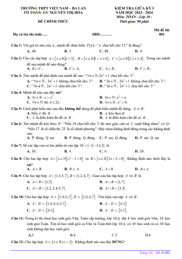 Đề thi giữa học kì 1 (HK1) lớp 10 môn Toán năm 2023 2024 trường THPT Việt Nam Ba Lan Hà Nội