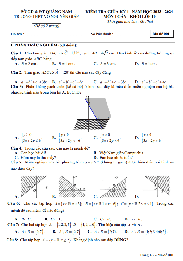 Đề thi giữa học kì 1 (HK1) lớp 10 môn Toán năm 2023 2024 trường THPT Võ Nguyên Giáp Quảng Nam