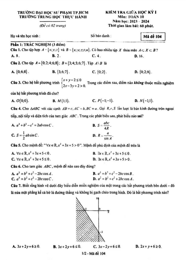 Đề thi giữa học kì 1 (HK1) lớp 10 môn Toán năm 2023 2024 trường Trung học Thực hành ĐHSP TP HCM