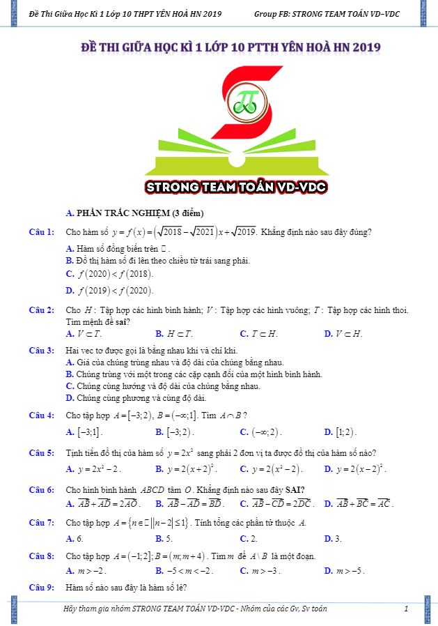 Đề thi giữa học kì 1 (HK1) lớp 10 môn Toán năm học 2018 2019 trường THPT Yên Hòa Hà Nội