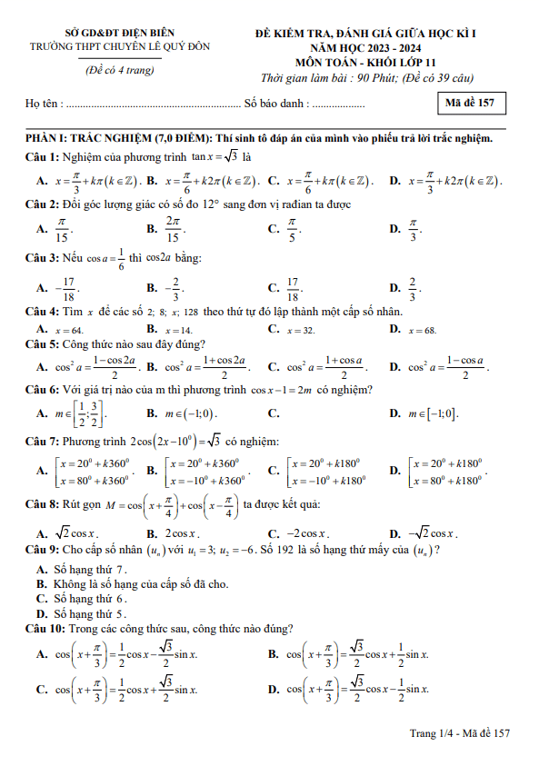 Đề thi giữa học kì 1 (HK1) lớp 11 môn Toán CB năm 2023 2024 trường chuyên Lê Quý Đôn Điện Biên