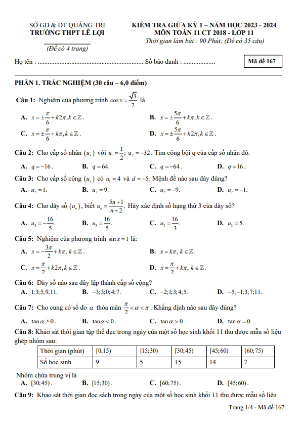 Đề thi giữa học kì 1 (HK1) lớp 11 môn Toán KNTTVCS năm 2023 2024 trường THPT Lê Lợi Quảng Trị