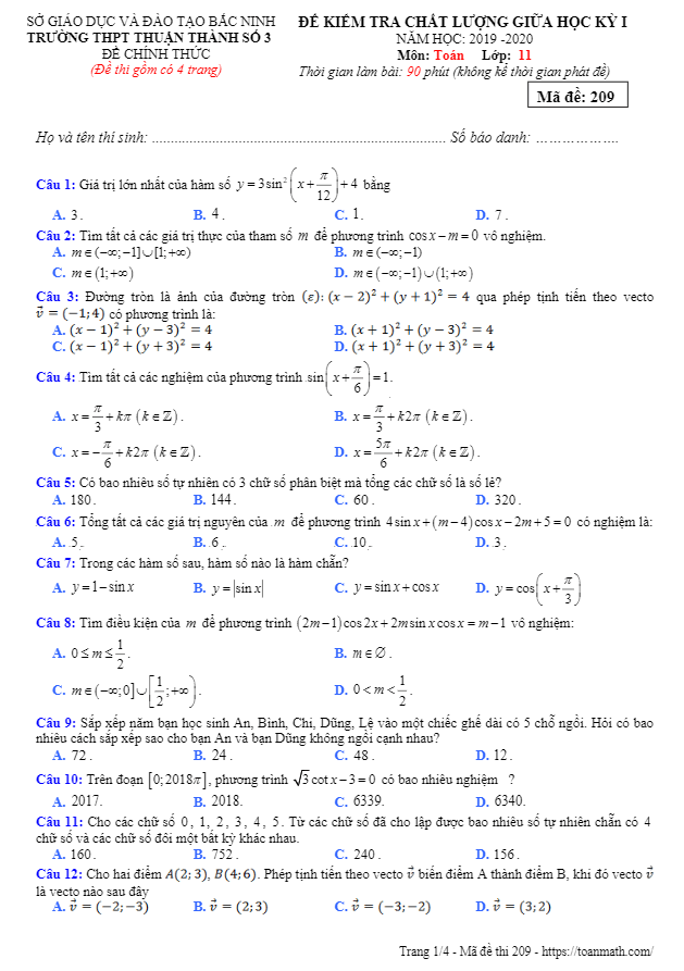 Đề thi giữa học kì 1 (HK1) lớp 11 môn Toán năm 2019 2020 trường Thuận Thành 3 Bắc Ninh
