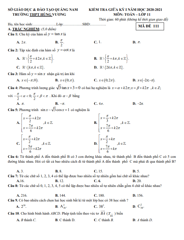 Đề thi giữa học kì 1 (HK1) lớp 11 môn Toán năm 2020 2021 trường THPT Hùng Vương Quảng Nam