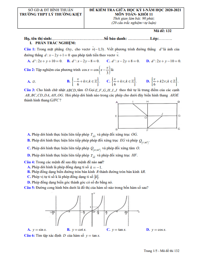 Đề thi giữa học kì 1 (HK1) lớp 11 môn Toán năm 2020 2021 trường THPT Lý Thường Kiệt Bình Thuận